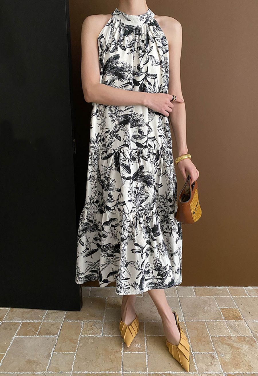 Ink Floral Print Halter Frilling Dress