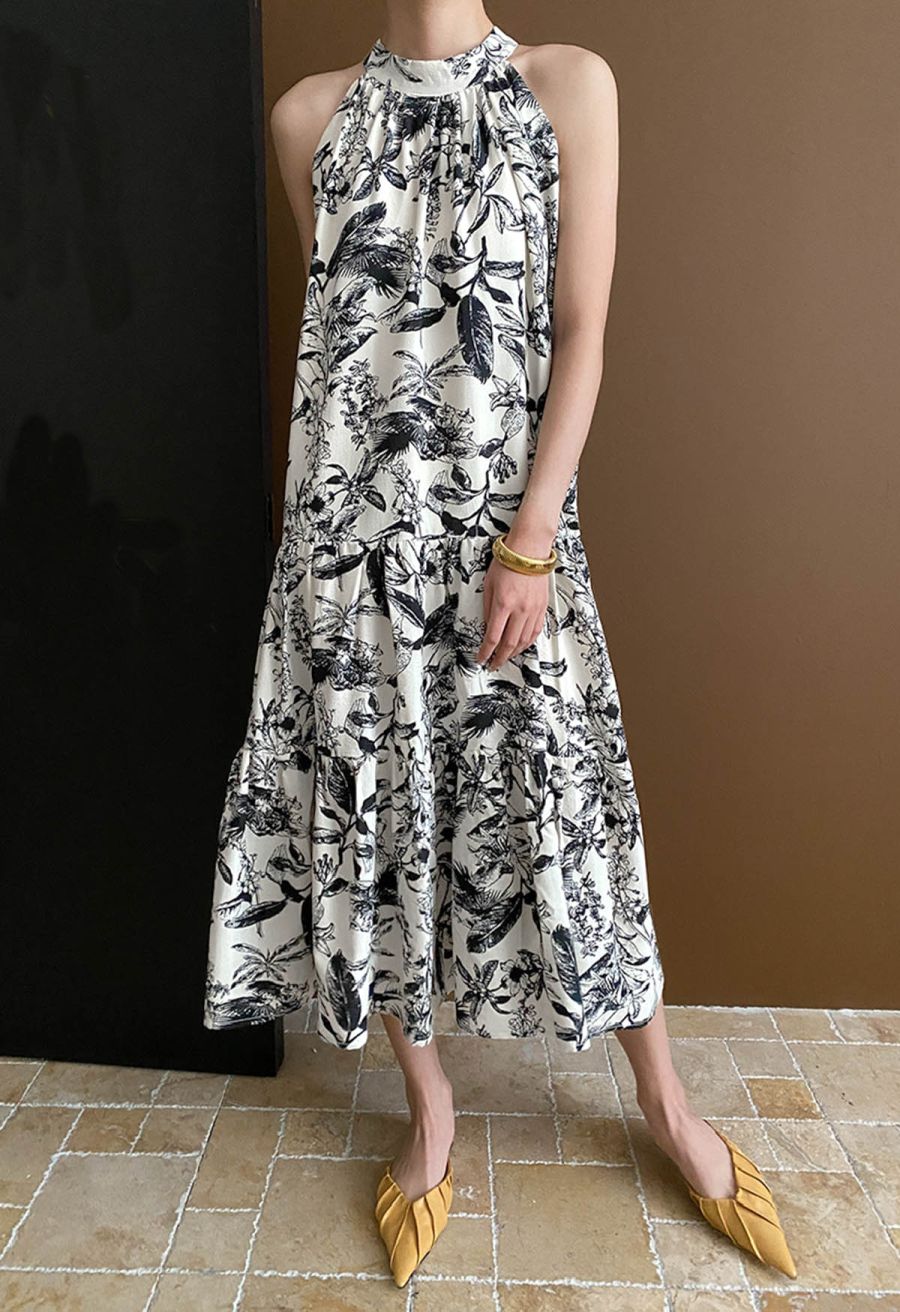 Ink Floral Print Halter Frilling Dress