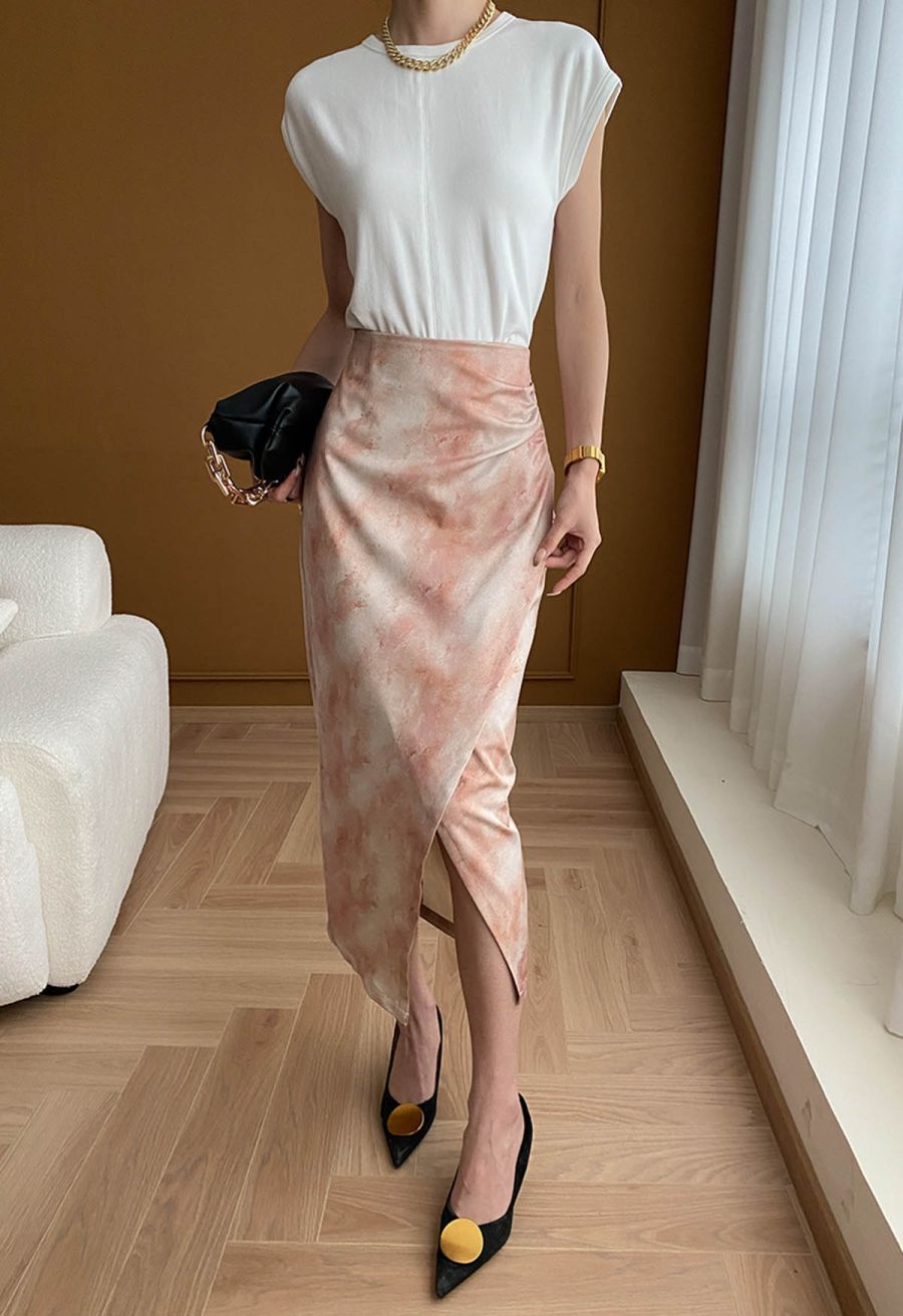 Tie Dye Asymmetric Front Slit Skirt in Coral