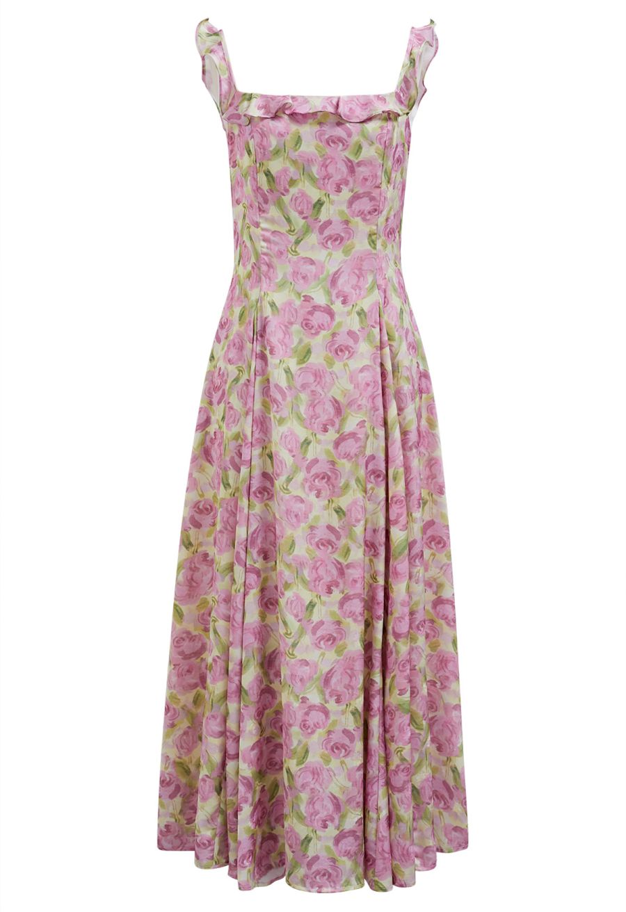 Watercolor Rose Ruffle Cami Dress in Pink