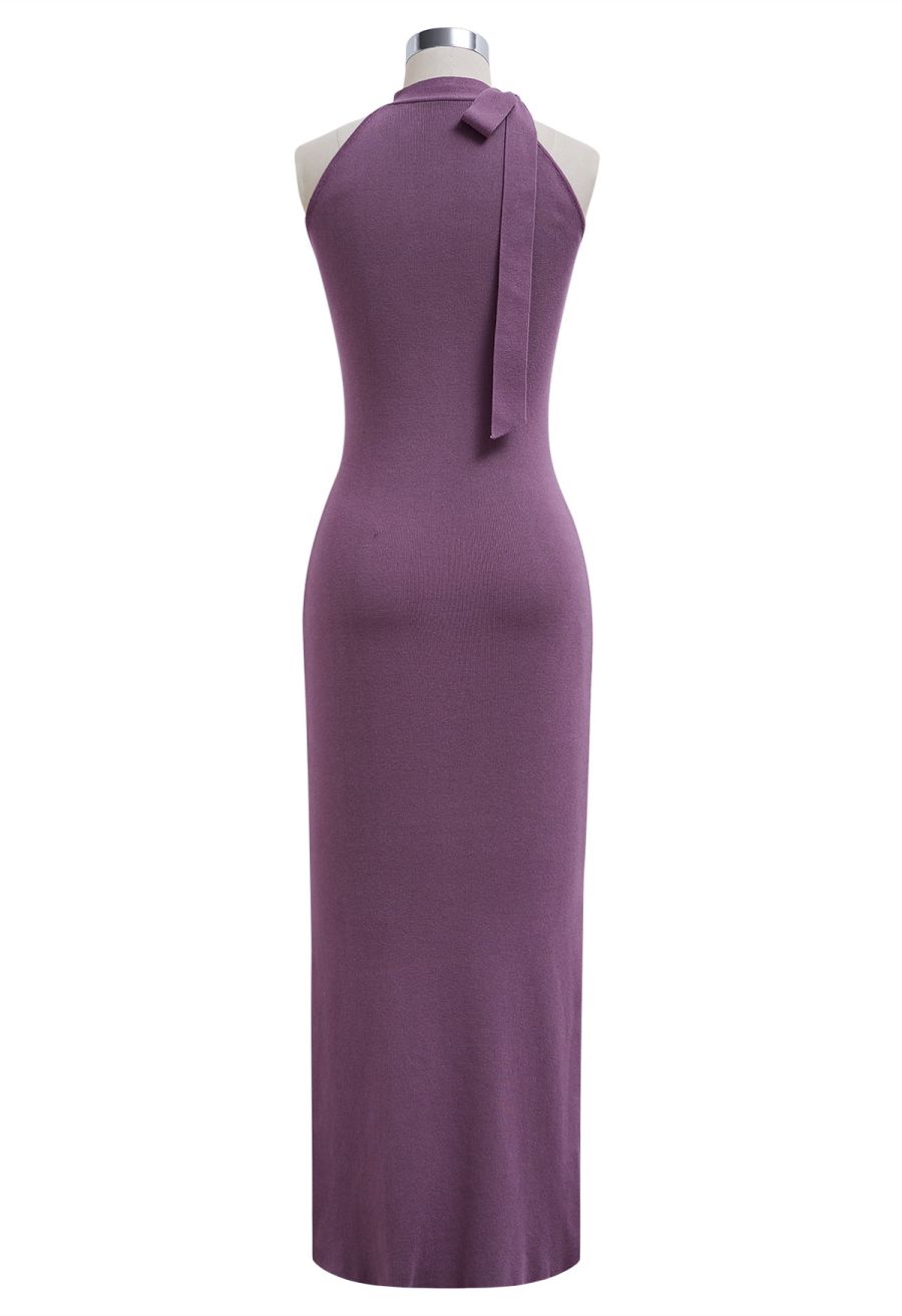 Side Bowknot Neckline Bodycon Knit Dress in Purple