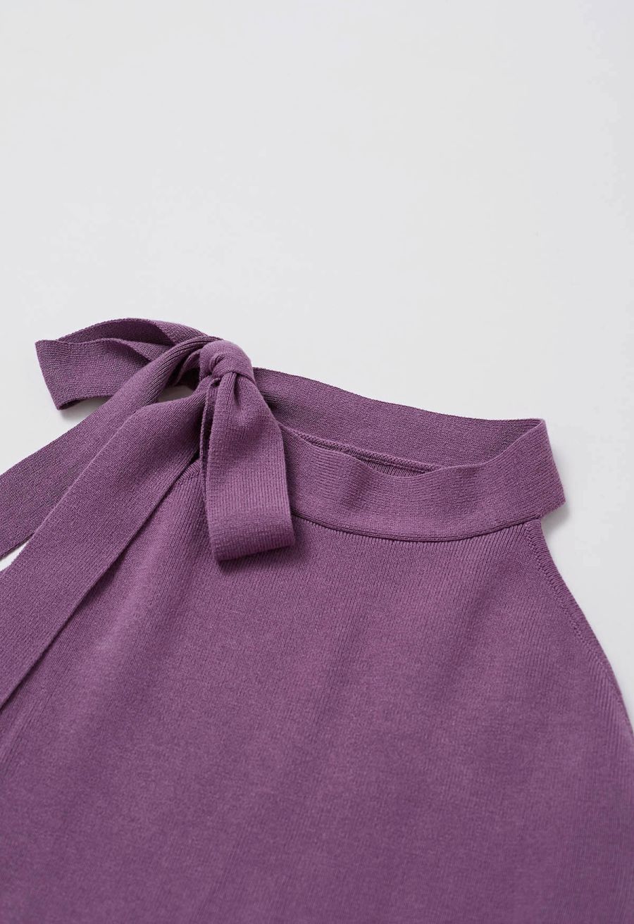 Side Bowknot Neckline Bodycon Knit Dress in Purple