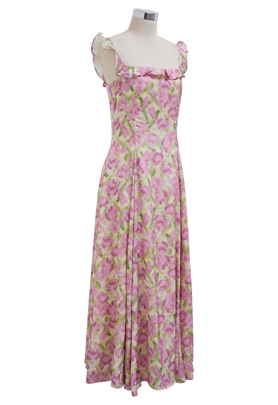 Watercolor Rose Ruffle Cami Dress in Pink