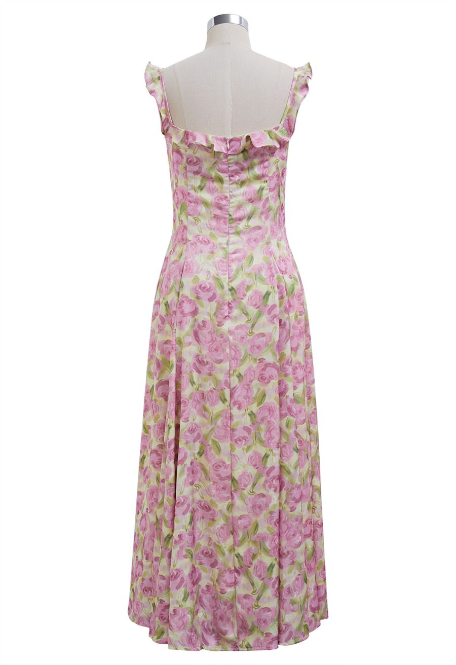 Watercolor Rose Ruffle Cami Dress in Pink