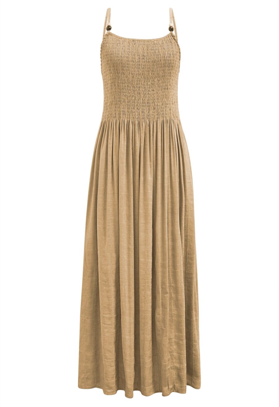 Beaded Strap Shirred Bodice Cami Dress in Tan