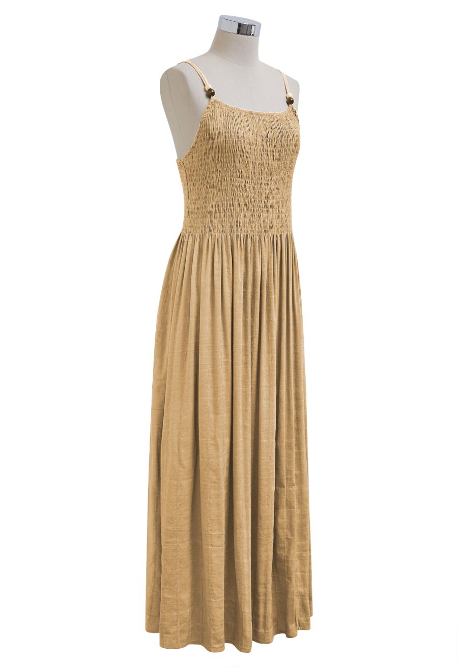 Beaded Strap Shirred Bodice Cami Dress in Tan