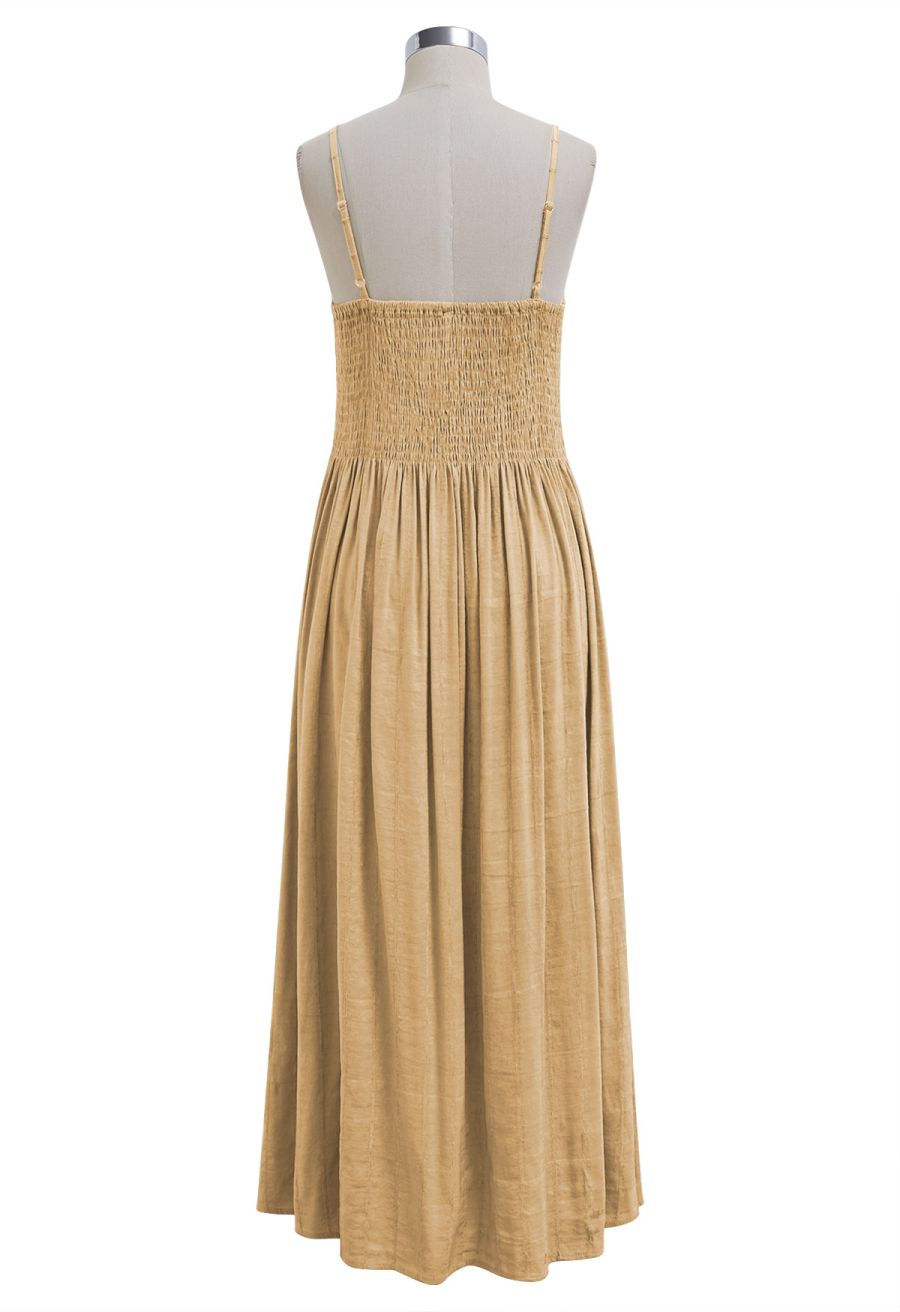 Beaded Strap Shirred Bodice Cami Dress in Tan