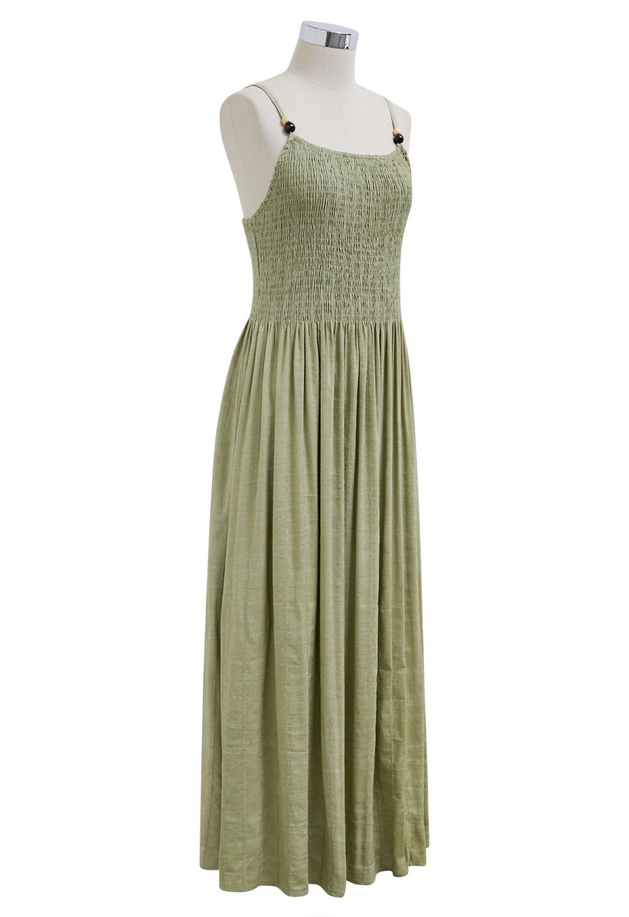 Beaded Strap Shirred Bodice Cami Dress in Pea Green