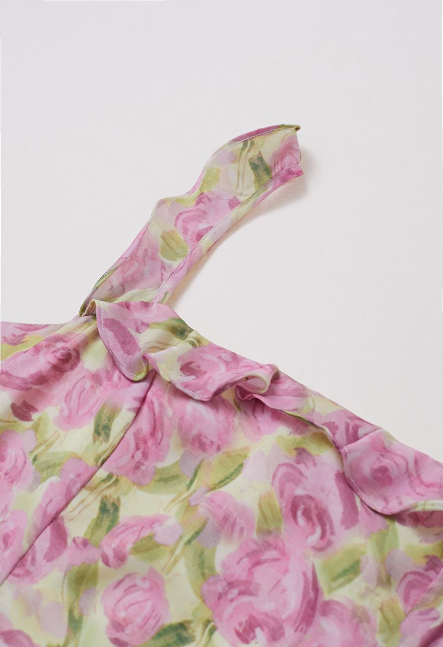 Watercolor Rose Ruffle Cami Dress in Pink