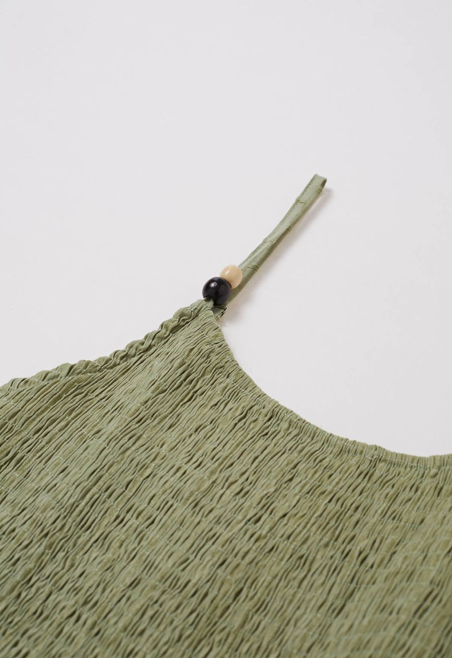 Beaded Strap Shirred Bodice Cami Dress in Pea Green