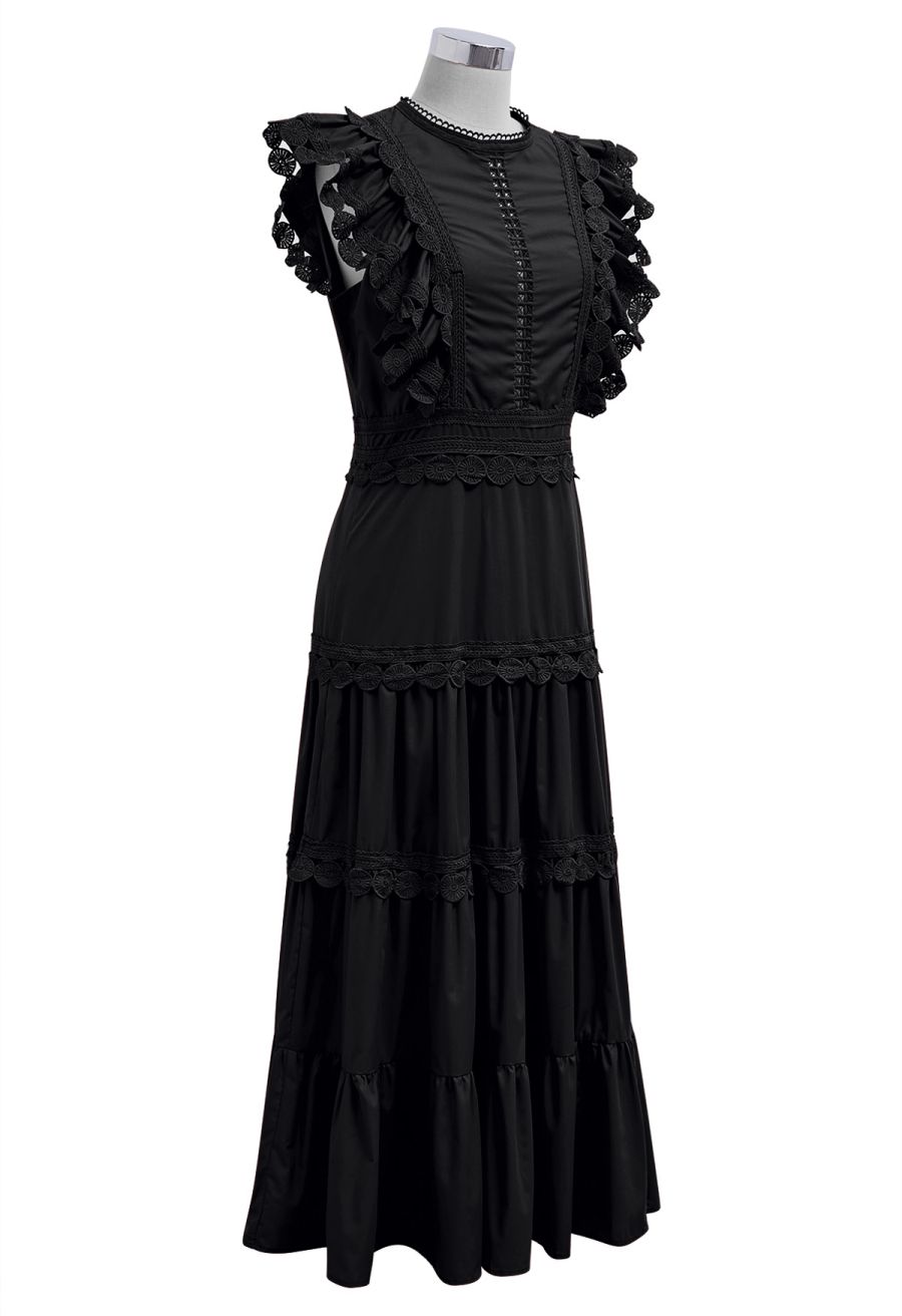 Crochet Trim Sleeveless Midi Dress in Black