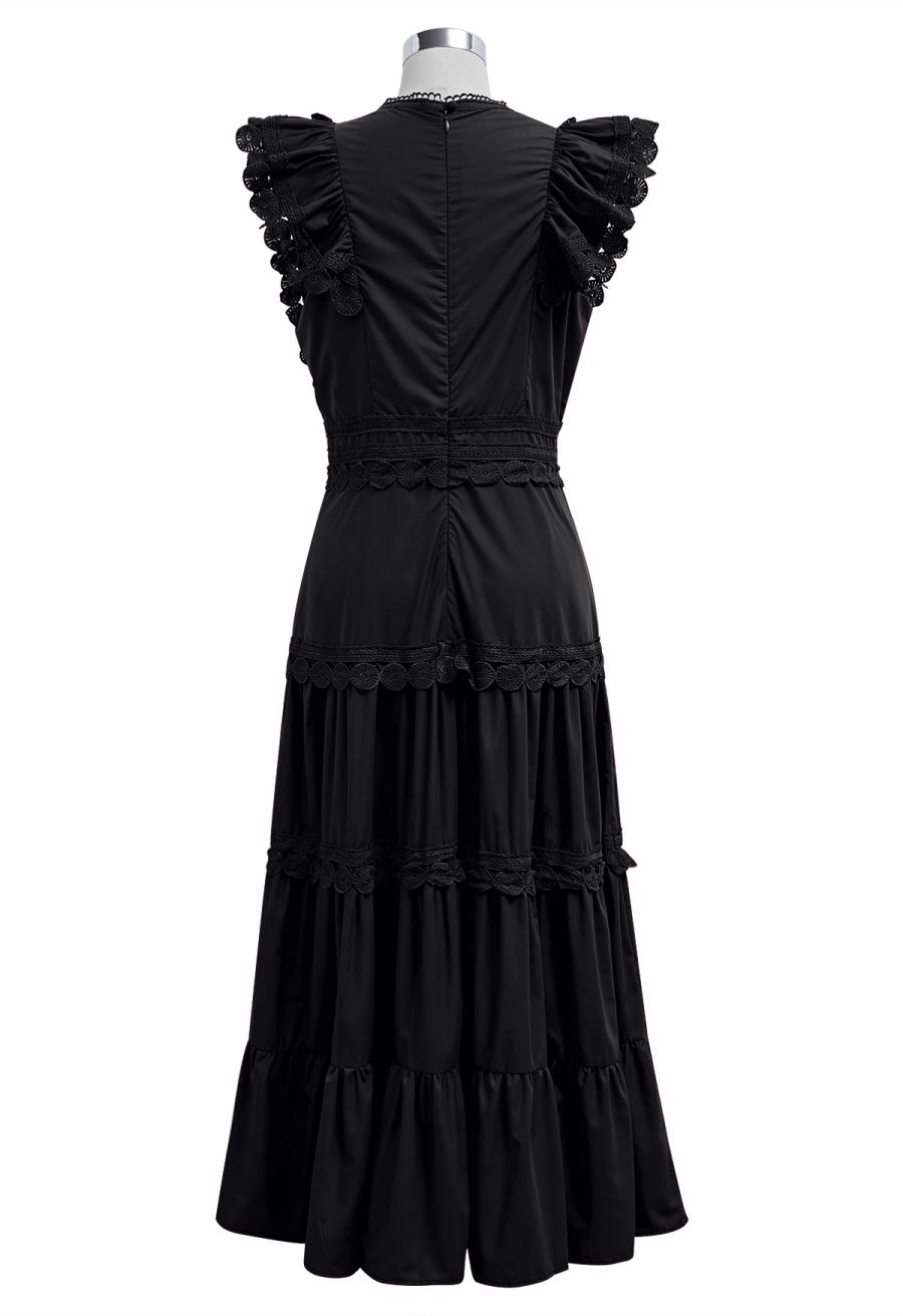 Crochet Trim Sleeveless Midi Dress in Black