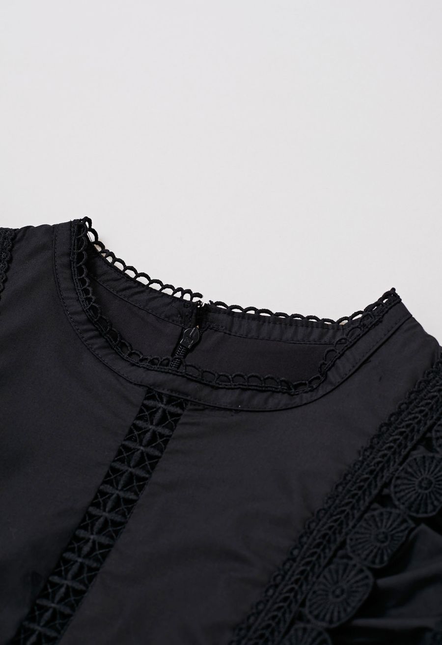 Crochet Trim Sleeveless Midi Dress in Black