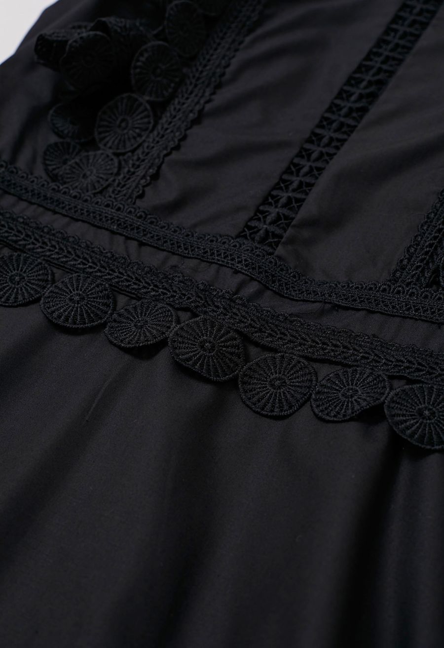 Crochet Trim Sleeveless Midi Dress in Black