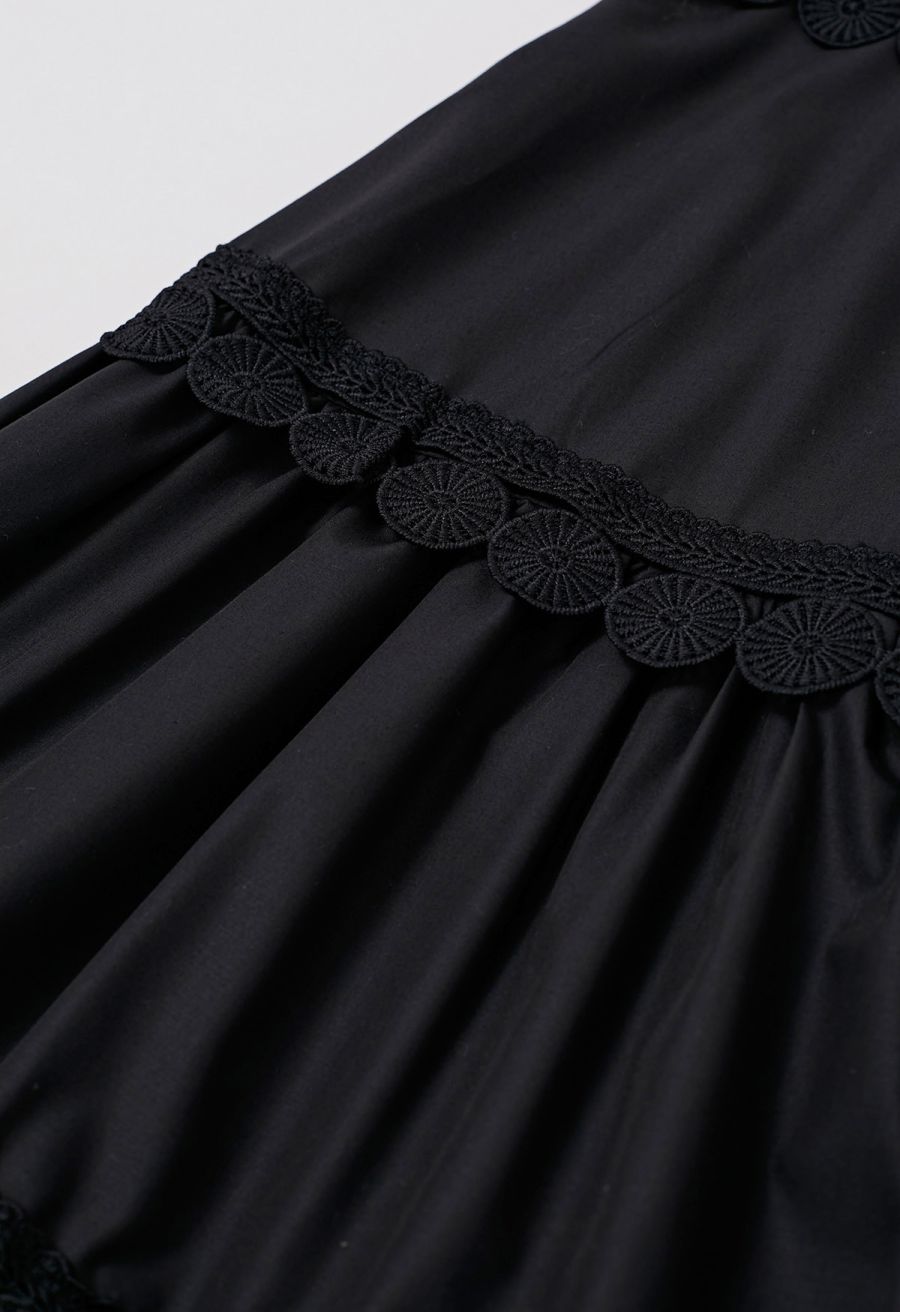 Crochet Trim Sleeveless Midi Dress in Black