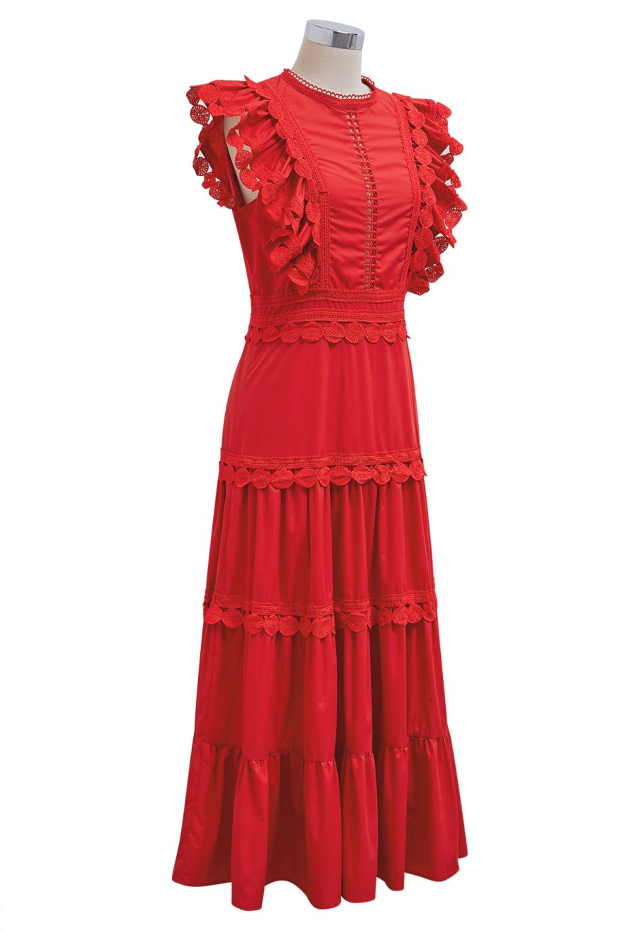 Crochet Trim Sleeveless Midi Dress in Red