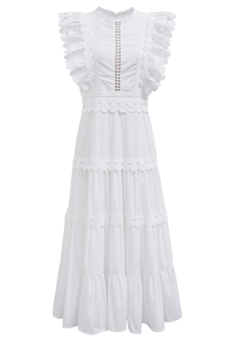 Crochet Trim Sleeveless Midi Dress in White