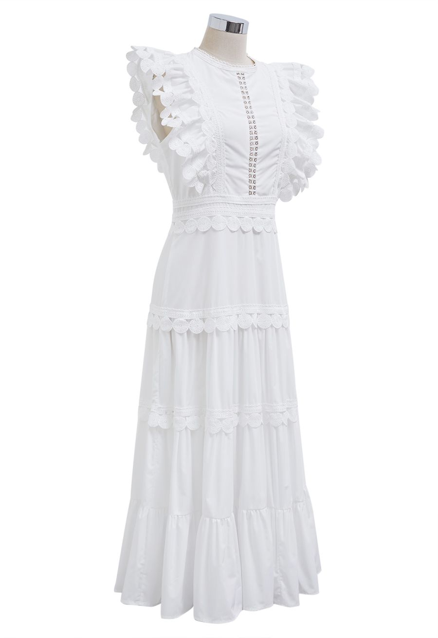 Crochet Trim Sleeveless Midi Dress in White