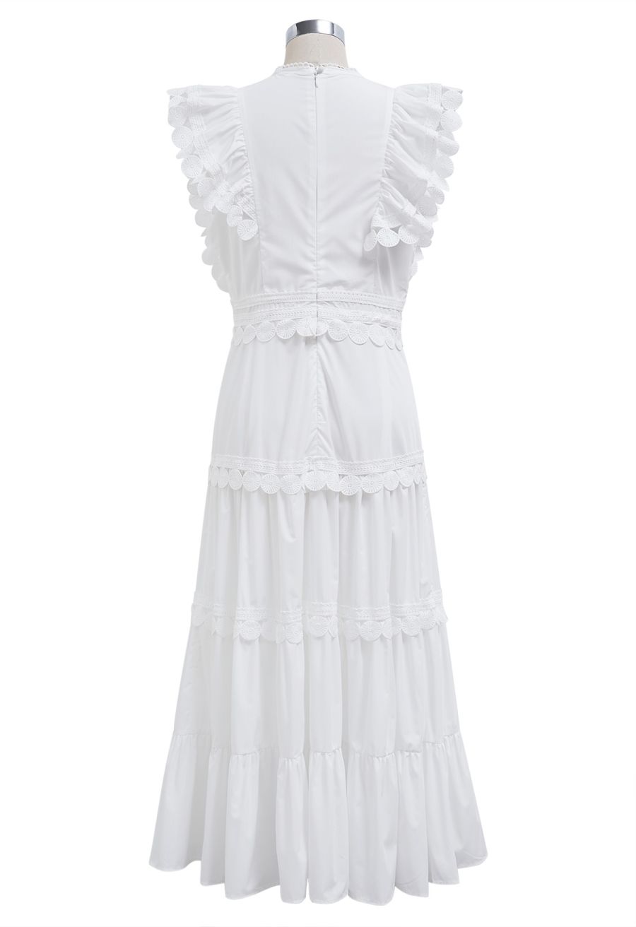 Crochet Trim Sleeveless Midi Dress in White