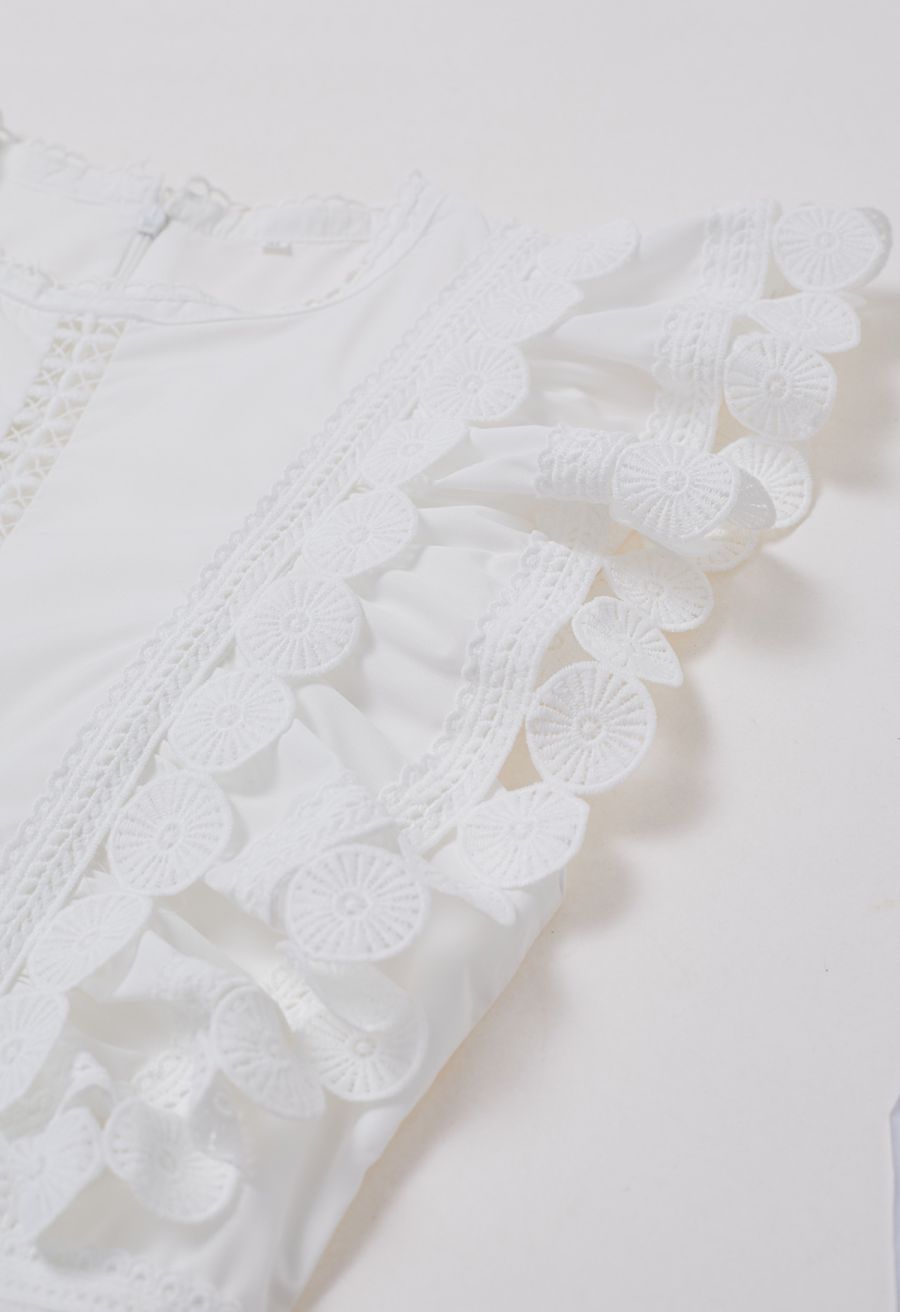 Crochet Trim Sleeveless Midi Dress in White