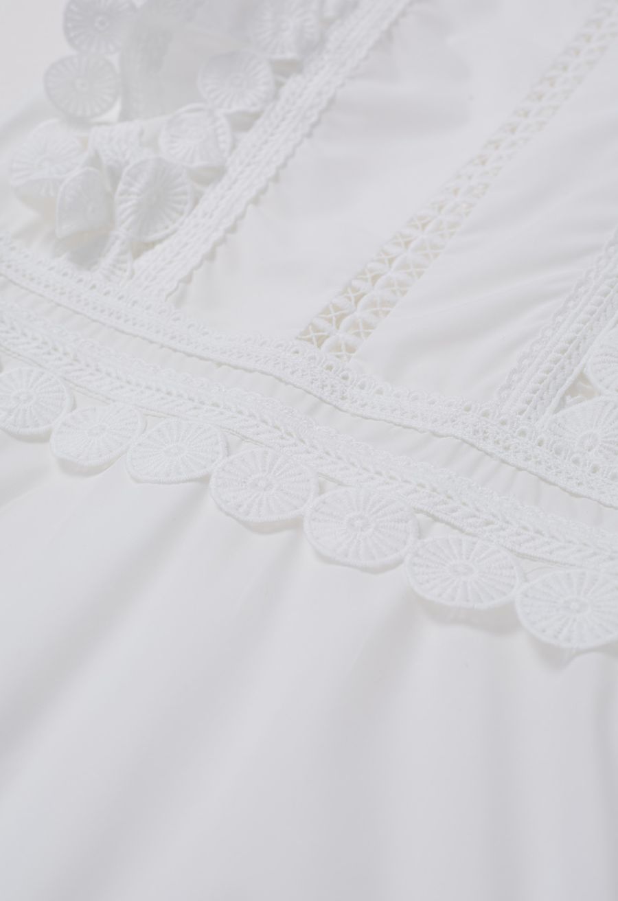 Crochet Trim Sleeveless Midi Dress in White