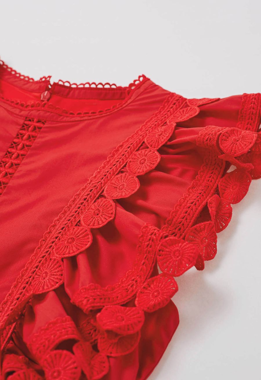Crochet Trim Sleeveless Midi Dress in Red