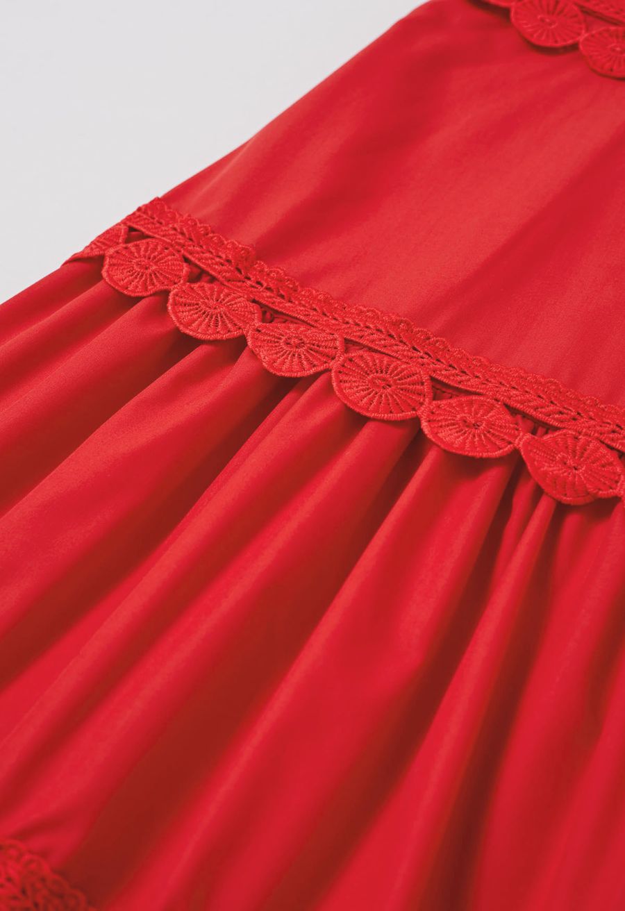 Crochet Trim Sleeveless Midi Dress in Red