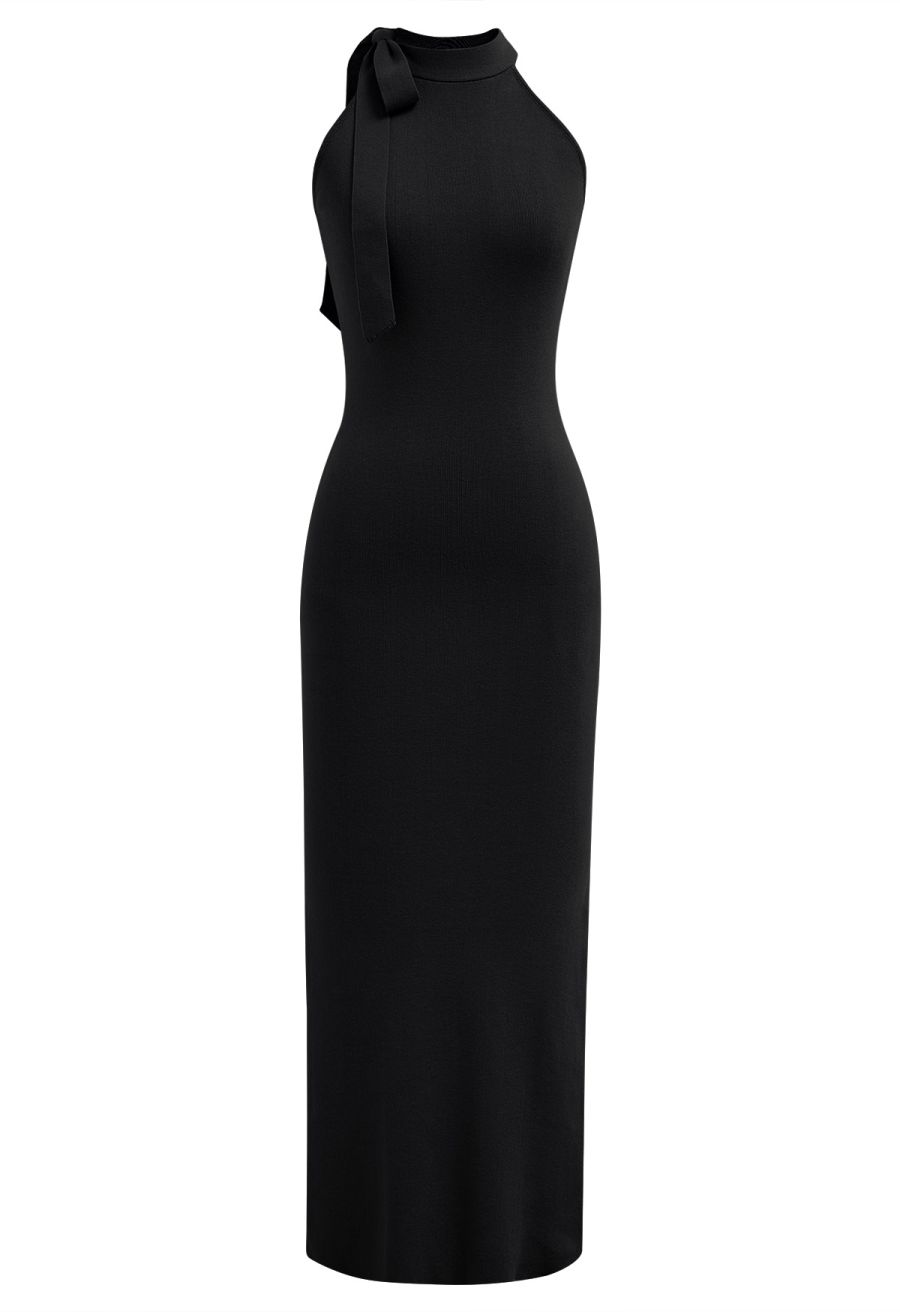 Side Bowknot Neckline Bodycon Knit Dress in Black
