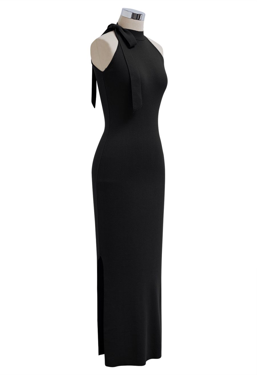 Side Bowknot Neckline Bodycon Knit Dress in Black