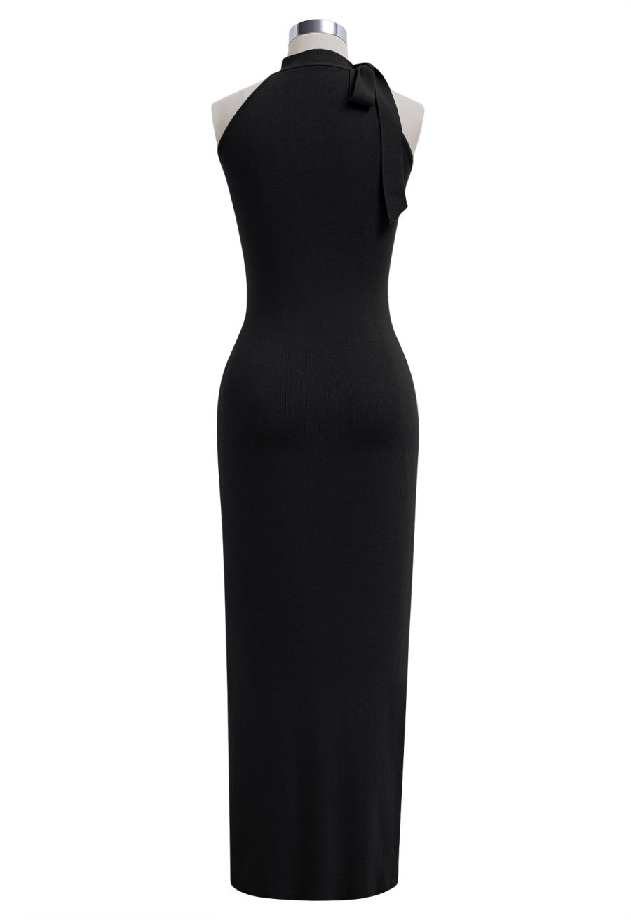 Side Bowknot Neckline Bodycon Knit Dress in Black