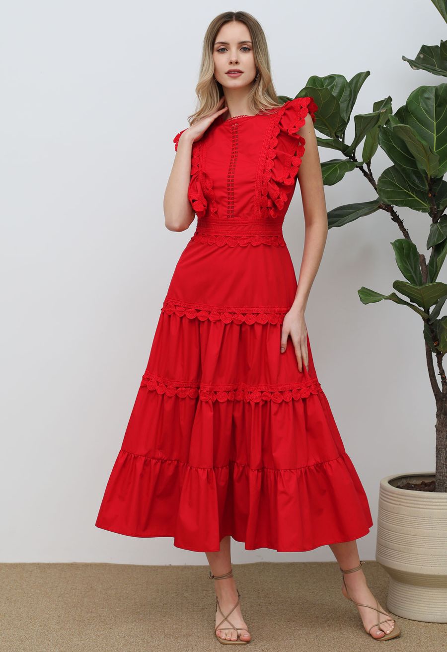 Crochet Trim Sleeveless Midi Dress in Red