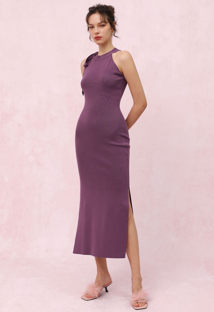 Side Bowknot Neckline Bodycon Knit Dress in Purple
