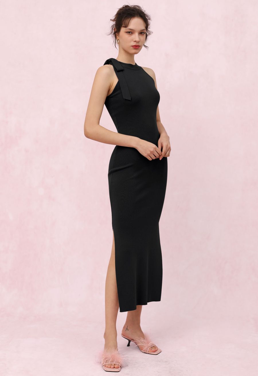 Side Bowknot Neckline Bodycon Knit Dress in Black