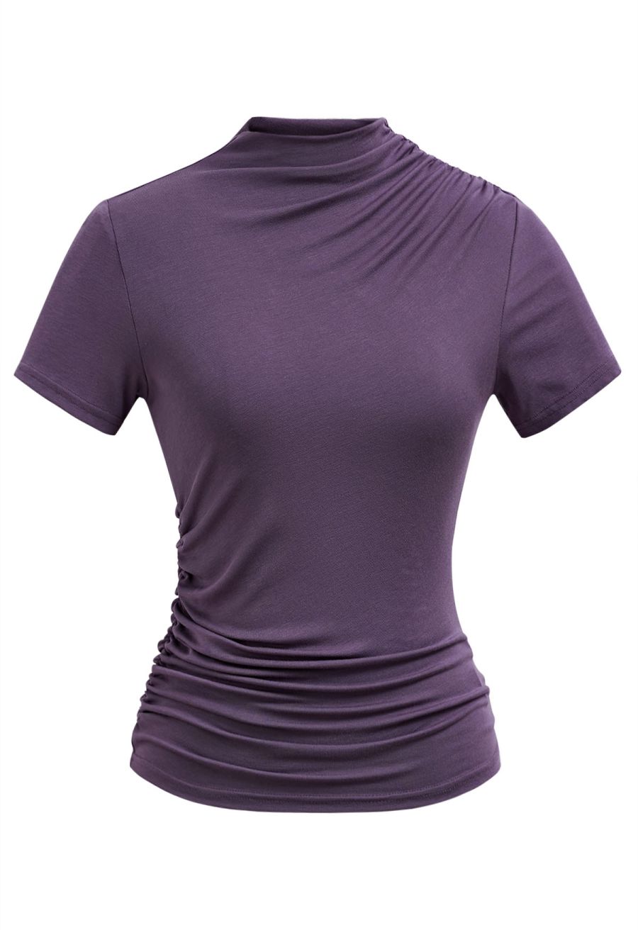 Side Ruched Detail Soft Touch Top in Purple