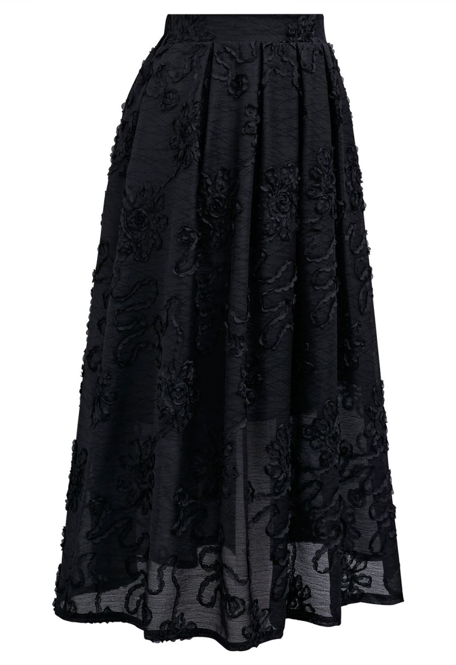 Floral and Stem Jacquard Pleated Midi Skirt in Black