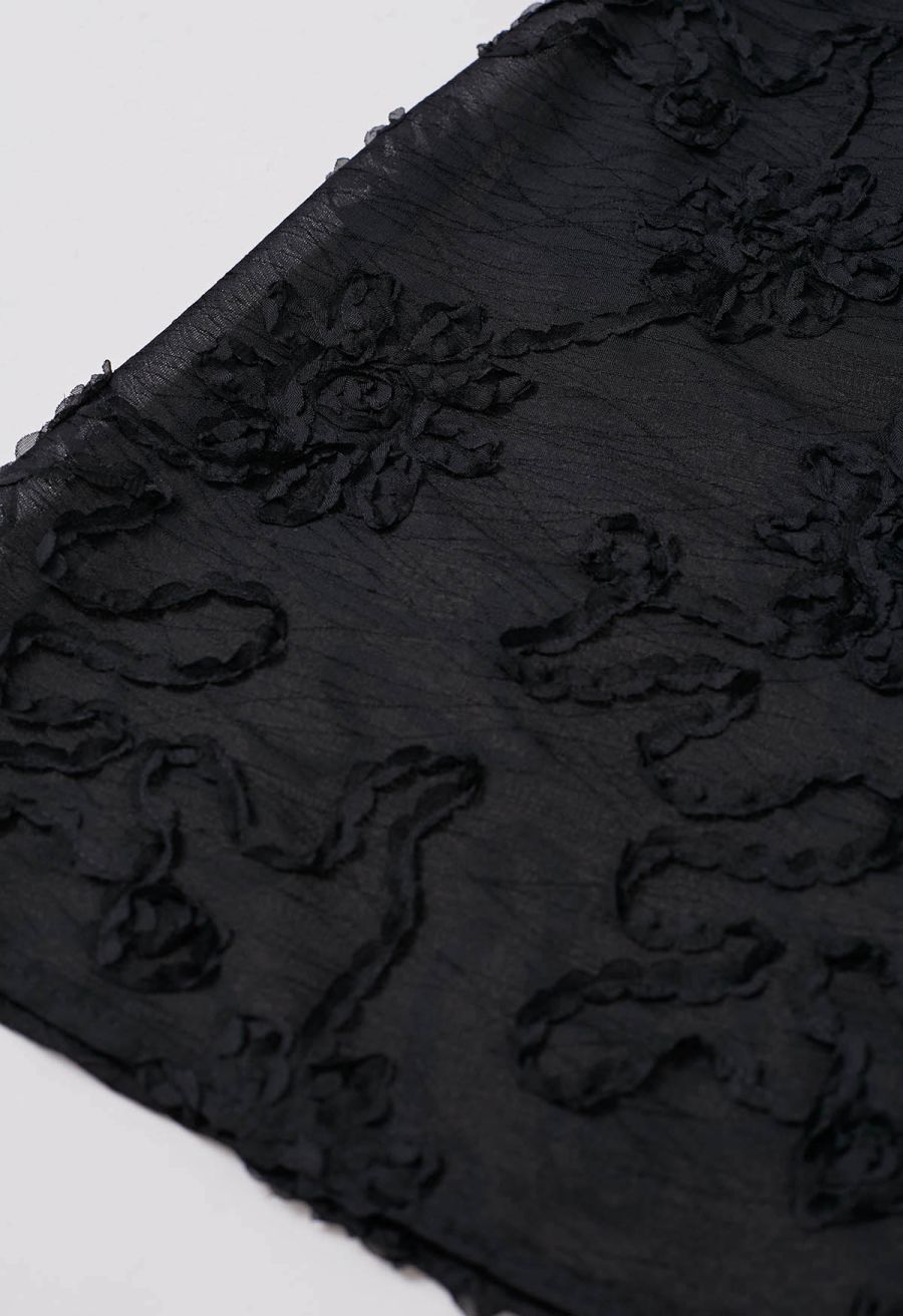 Floral and Stem Jacquard Pleated Midi Skirt in Black