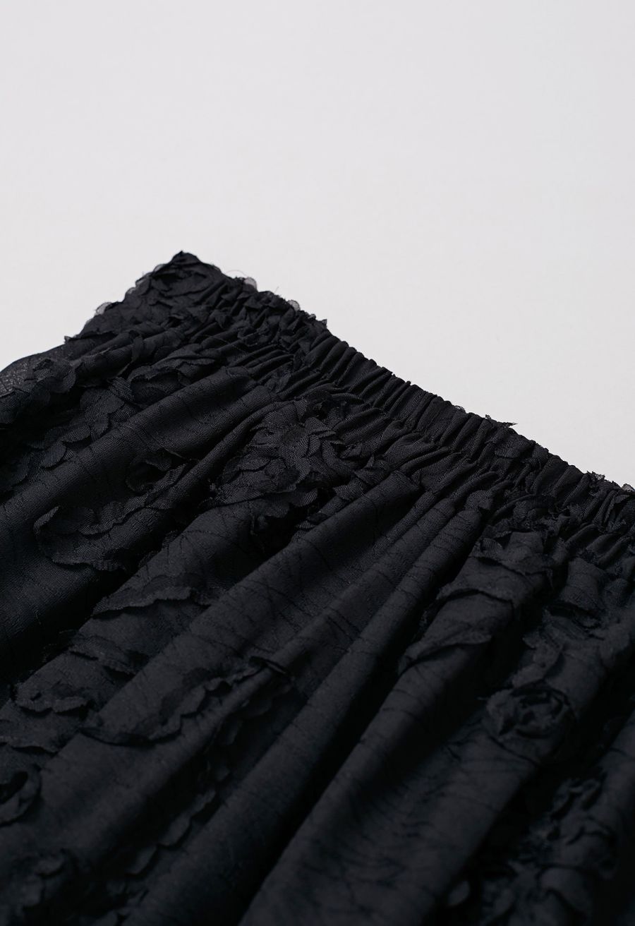 Floral and Stem Jacquard Pleated Midi Skirt in Black
