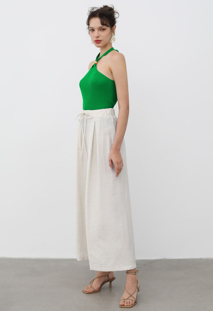 Wooden Bead Decor Halter Knit Top in Green