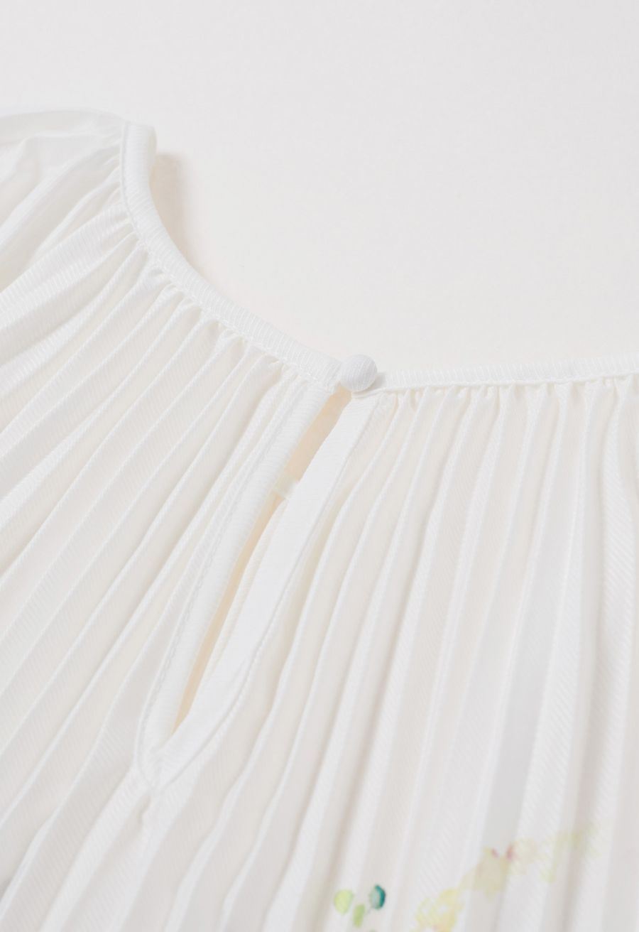 Blossoming Day Watercolor Pleated Maxi Dress in White
