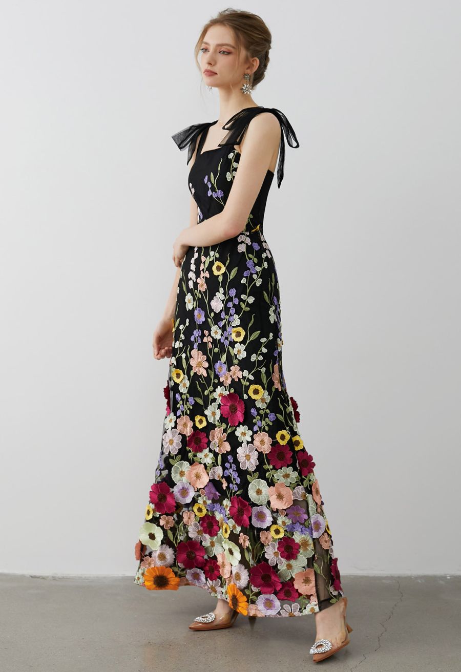 3D Floral Applique Tie-Strap Mesh Tulle Maxi Dress in Black