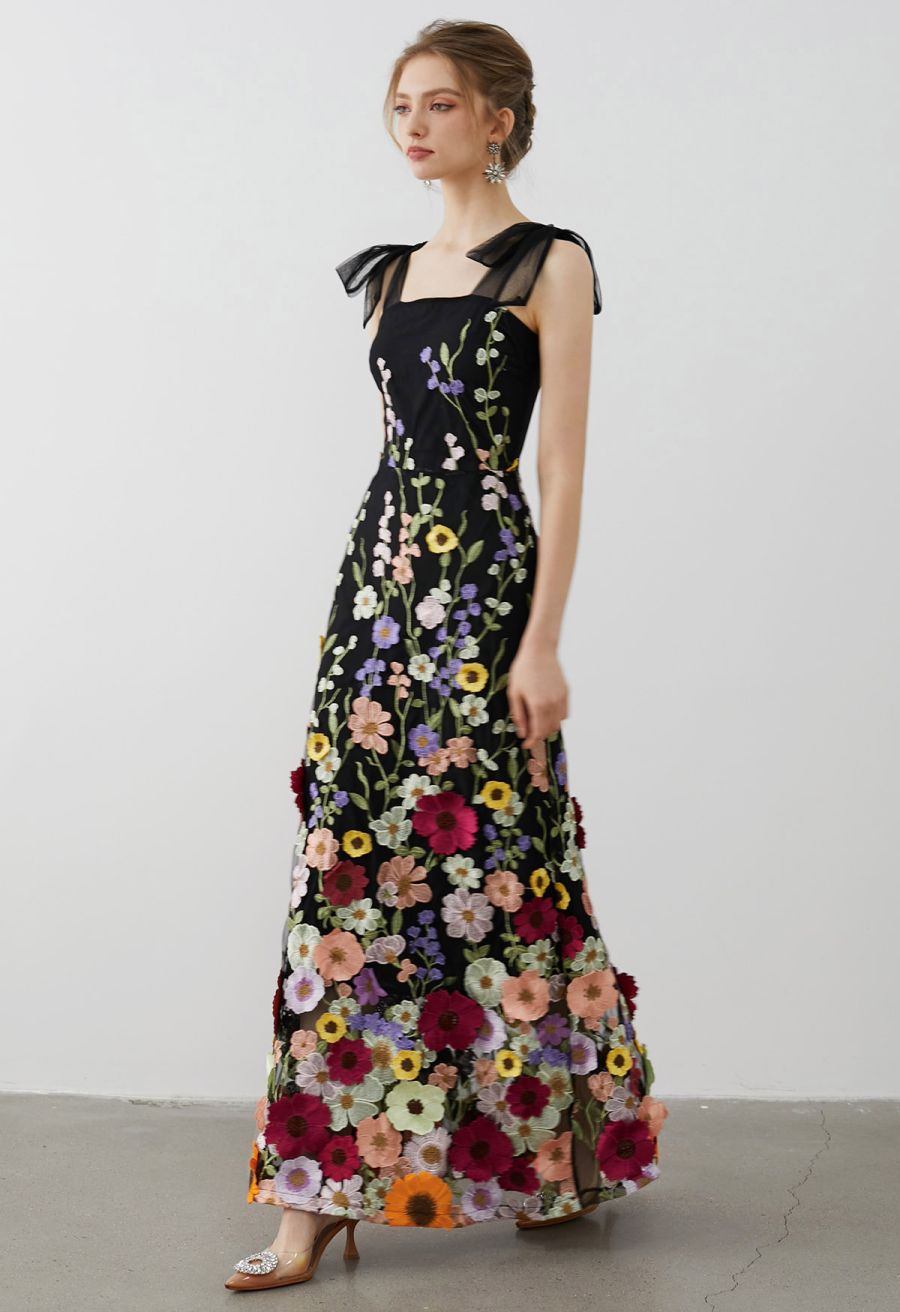 3D Floral Applique Tie-Strap Mesh Tulle Maxi Dress in Black
