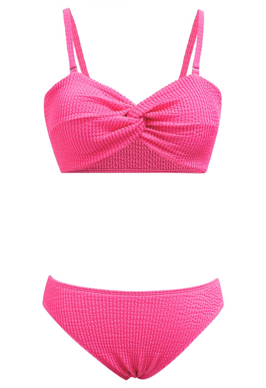 Three-Piece Wavy Texture Twist Bikini Set in Hot Pink