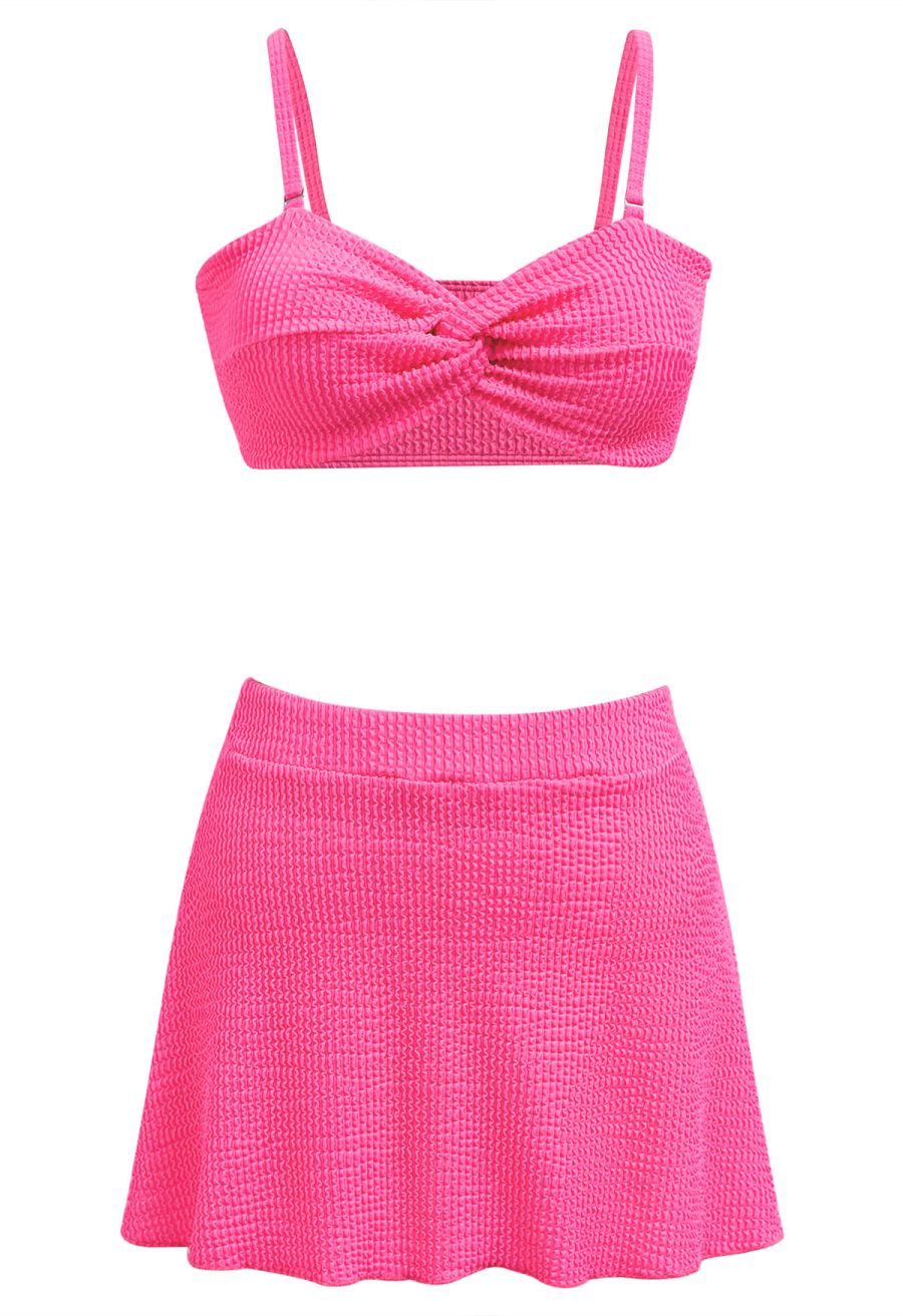 Three-Piece Wavy Texture Twist Bikini Set in Hot Pink