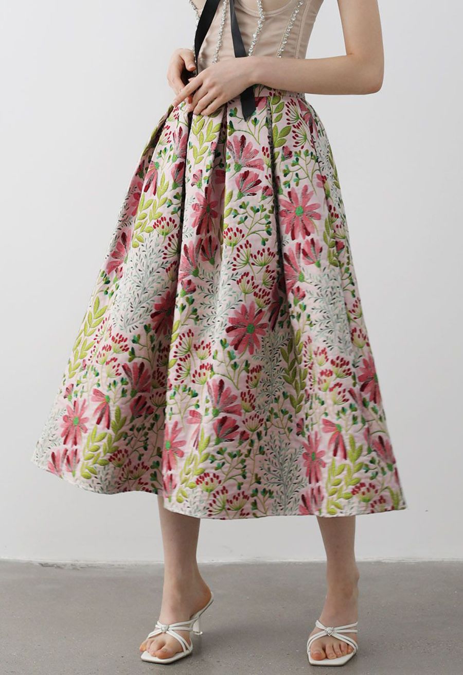 Cheerful Daisy Field Jacquard Pleated Midi Skirt