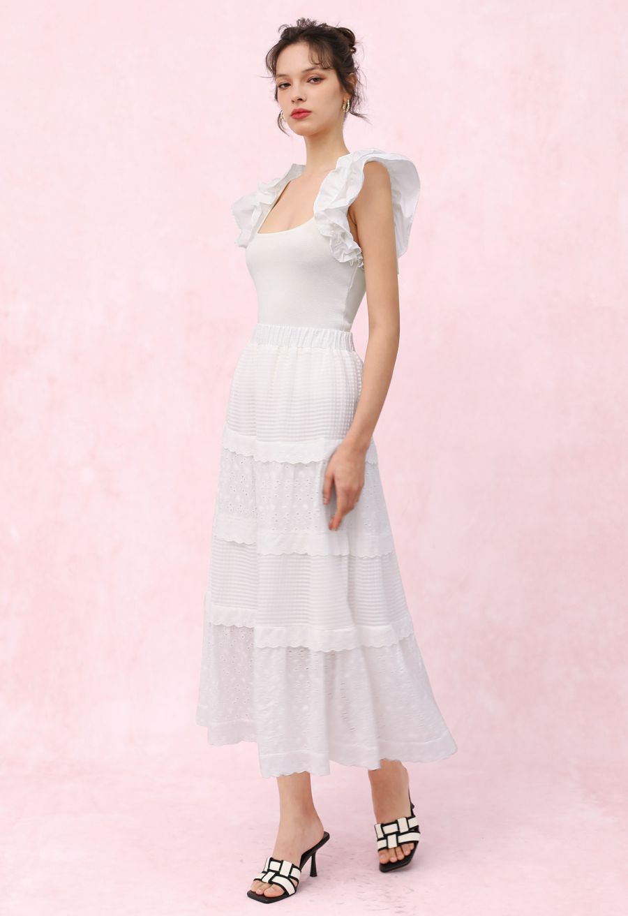 Eyelet Embroidery Ruffle Edge Cotton-Blend Skirt
