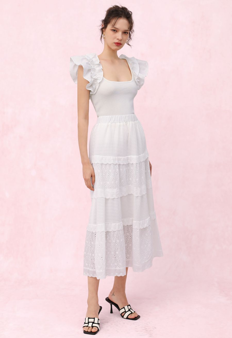 Eyelet Embroidery Ruffle Edge Cotton-Blend Skirt