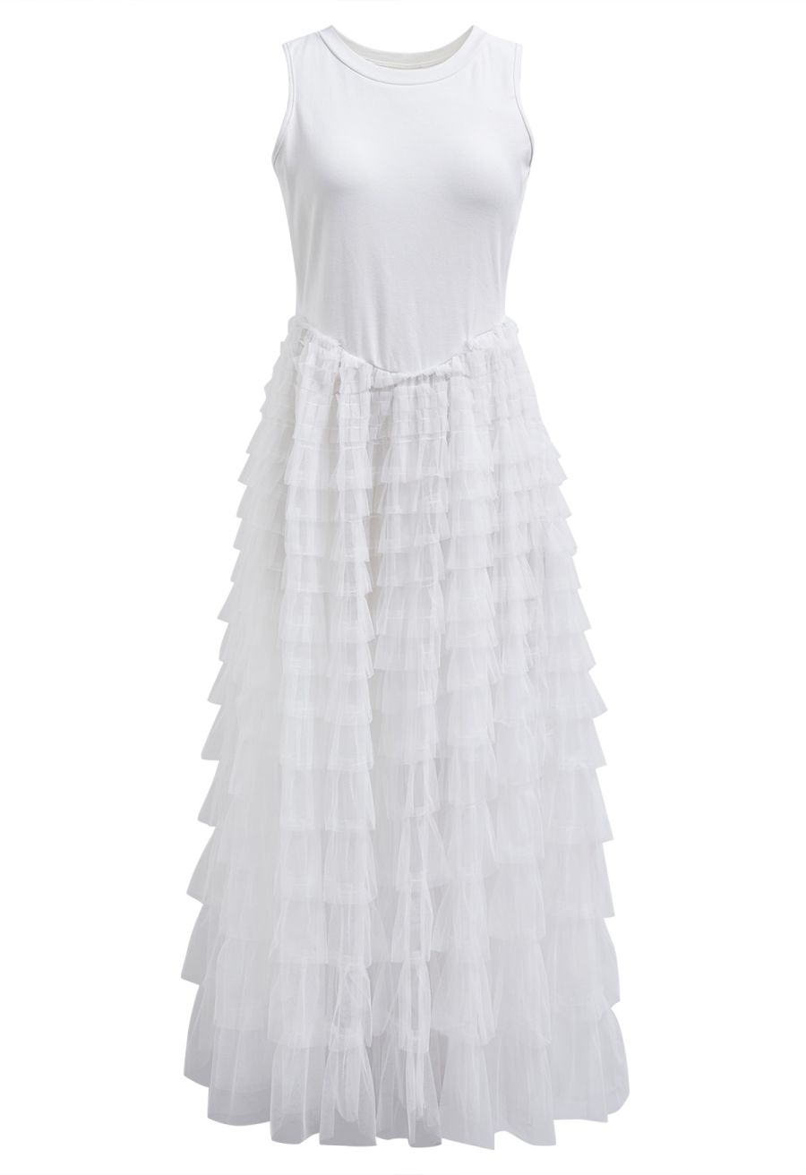 Tiered Mesh Spliced Sleeveless Maxi Dress in White