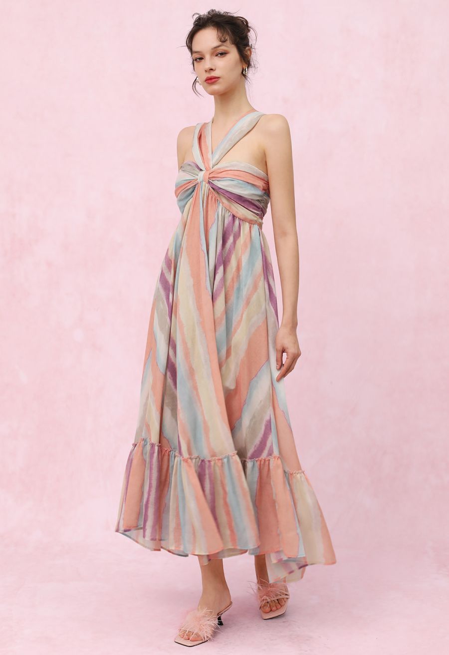 Rainbow Stripe Halter Neck Asymmetric Dress