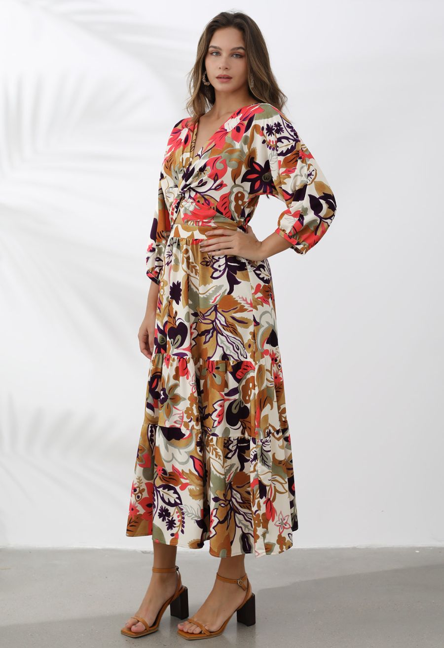 Tropical Summer Printed Crisscross Cutout Maxi Dress