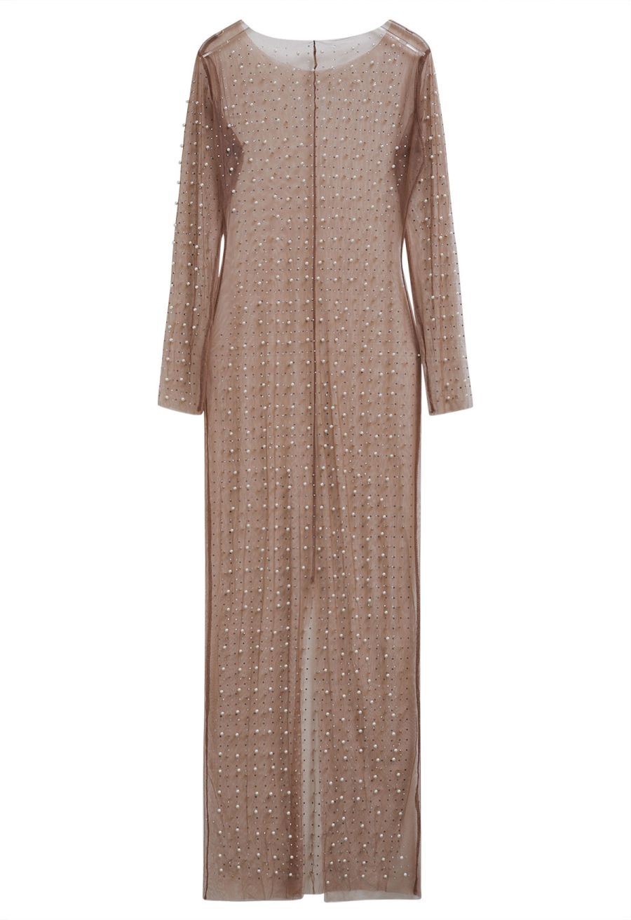 Full Pearl Embellished Sheer Mesh Cover-Up Maxi Dress in Plum